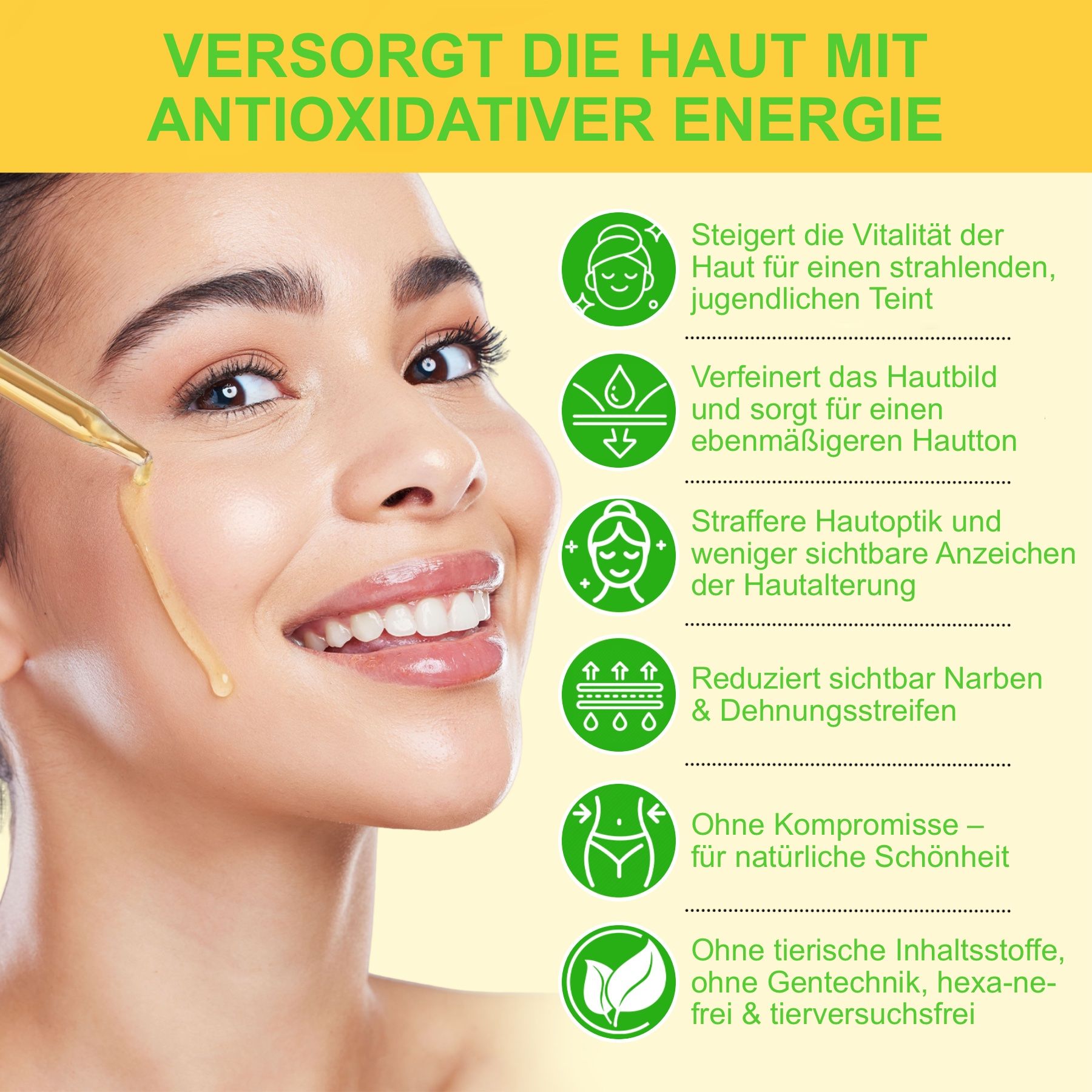 Donna che applica olio sulla pelle con una pipetta. Testo: Fornisce alla pelle energia antiossidante. Benefici per la pelle.