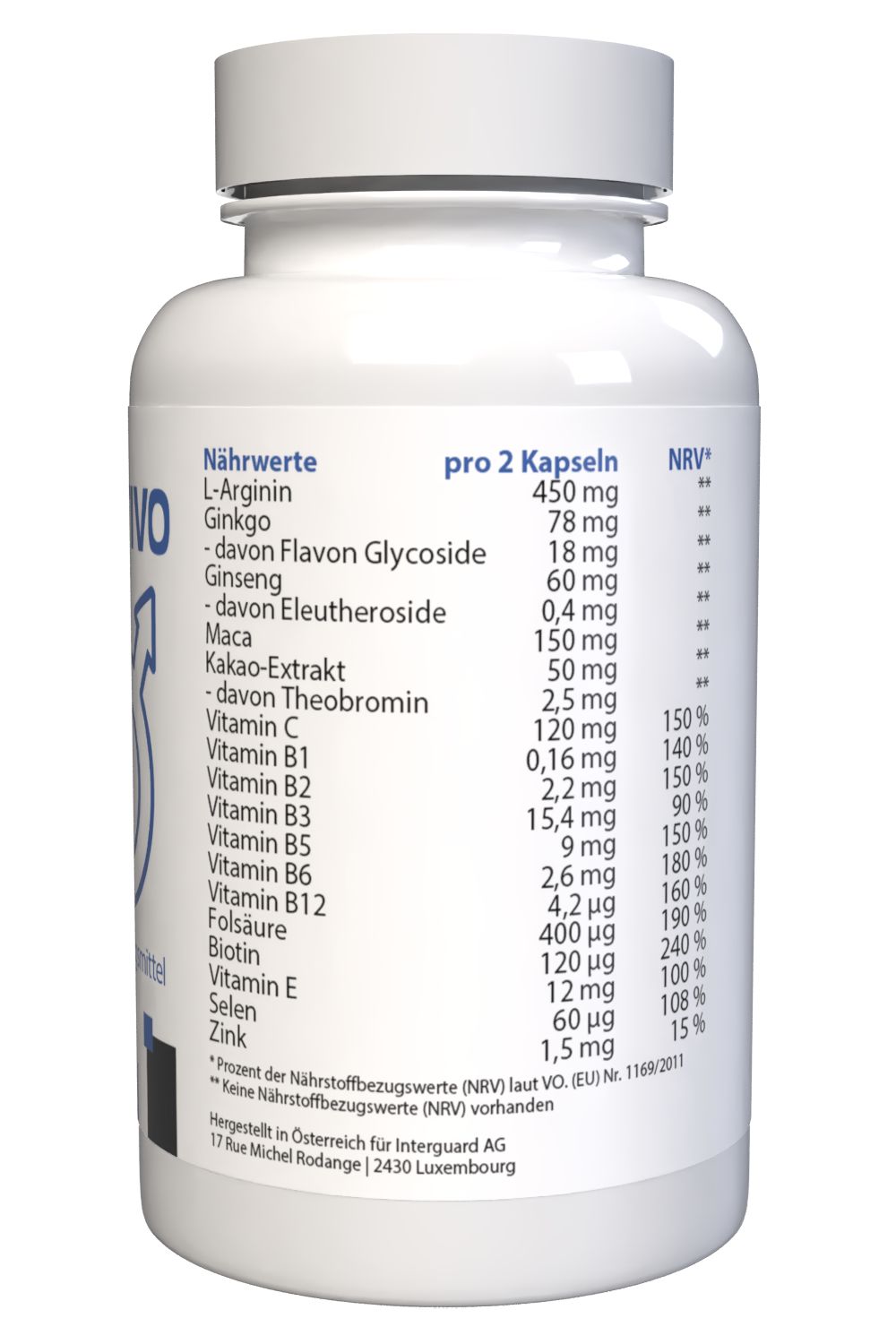 Flacone bianco, retro. Tabella nutrizionale: L-Arginina, Ginkgo, Ginseng, Maca, Estratto di cacao, Vitamine. Integratore alimentare.