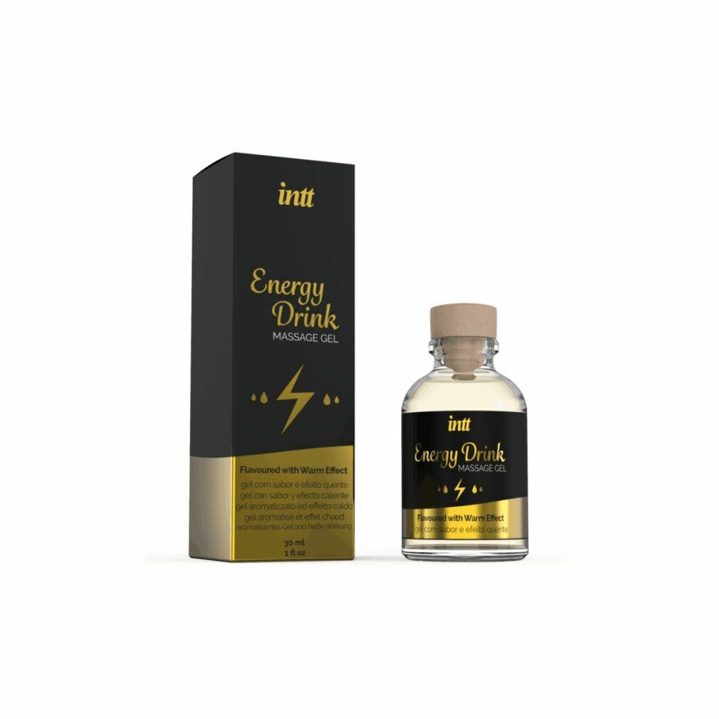 Confezione e flacone. Scatola nera e flacone in vetro con tappo in legno. Etichette con testo dorato: intt Energy Drink Massage Gel.