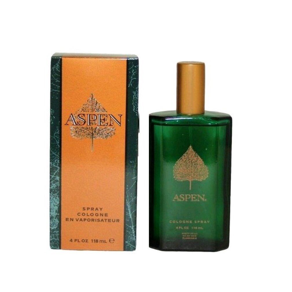 Flacone di profumo Aspen e confezione. Flacone verdastro con tappo dorato. Confezione marrone con logo e testo.