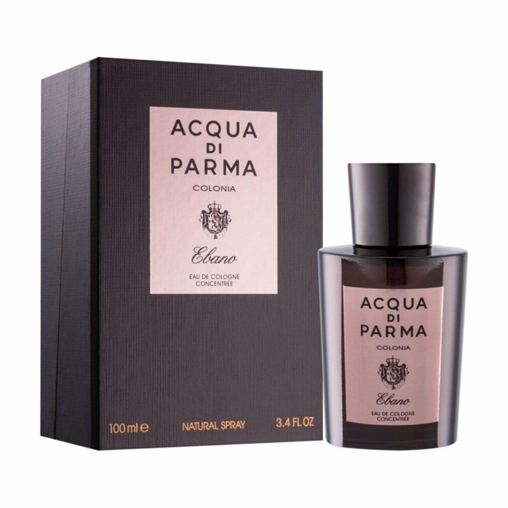 Flacone e confezione Acqua di Parma Colonia Ebano EdC. Bottiglia nera con etichetta. Scatola nera con logo.