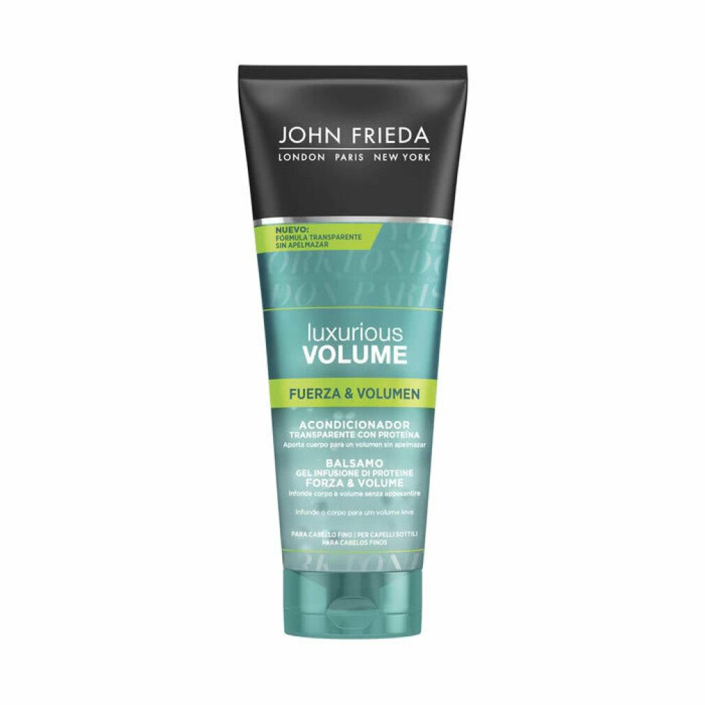 Tubo di balsamo John Frieda. Etichetta turchese con testo: Luxurious Volume, Fuerza & Volumen, Acondicionador.