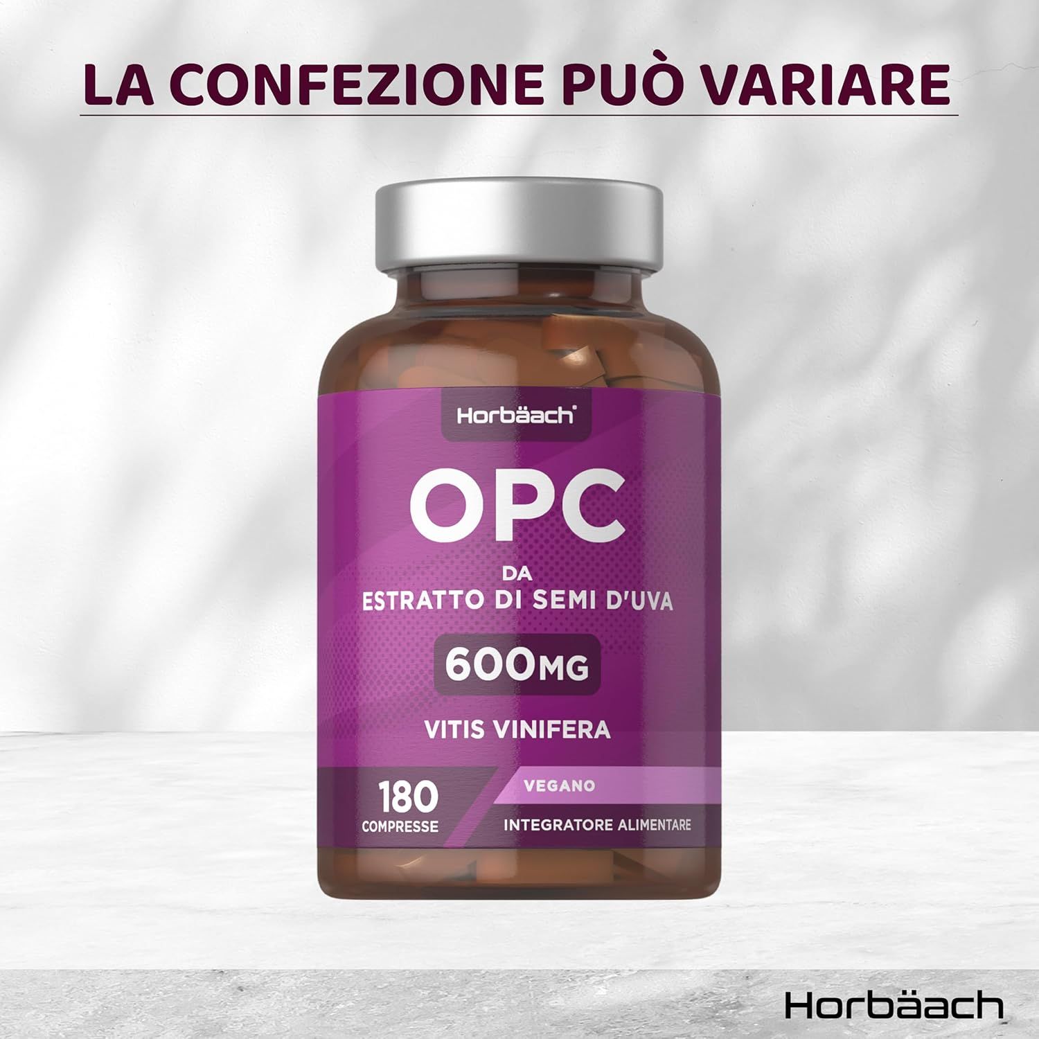 Flacone marrone con etichetta viola. Testo: OPC, 600mg, 180 compresse. Vegano. Horbaach.