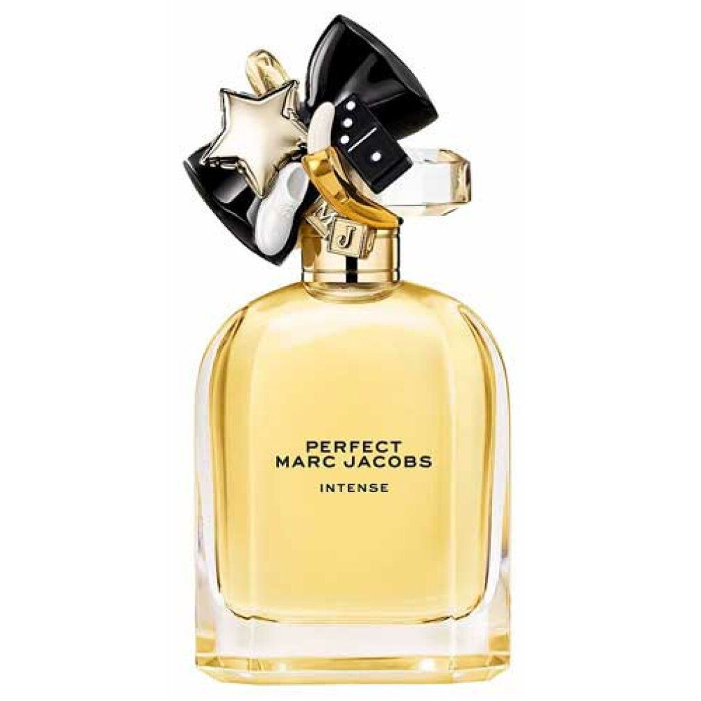 Flacone di profumo con liquido giallo, fiocco nero e decorazione a stella. Scritta: PERFECT MARC JACOBS INTENSE.