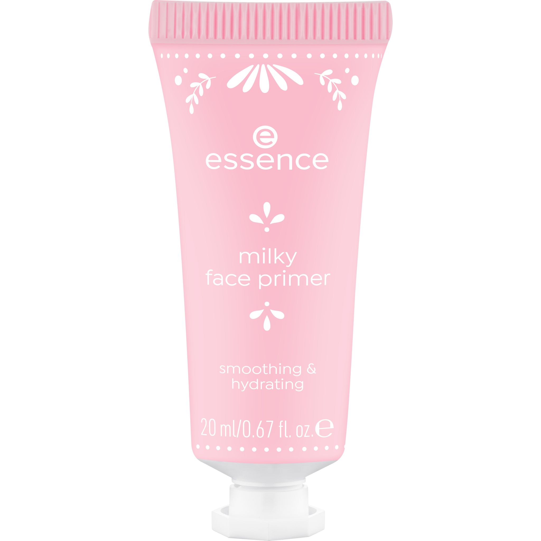 Primer viso 'Milky Face Primer' essence in tubetto rosa con motivo floreale.