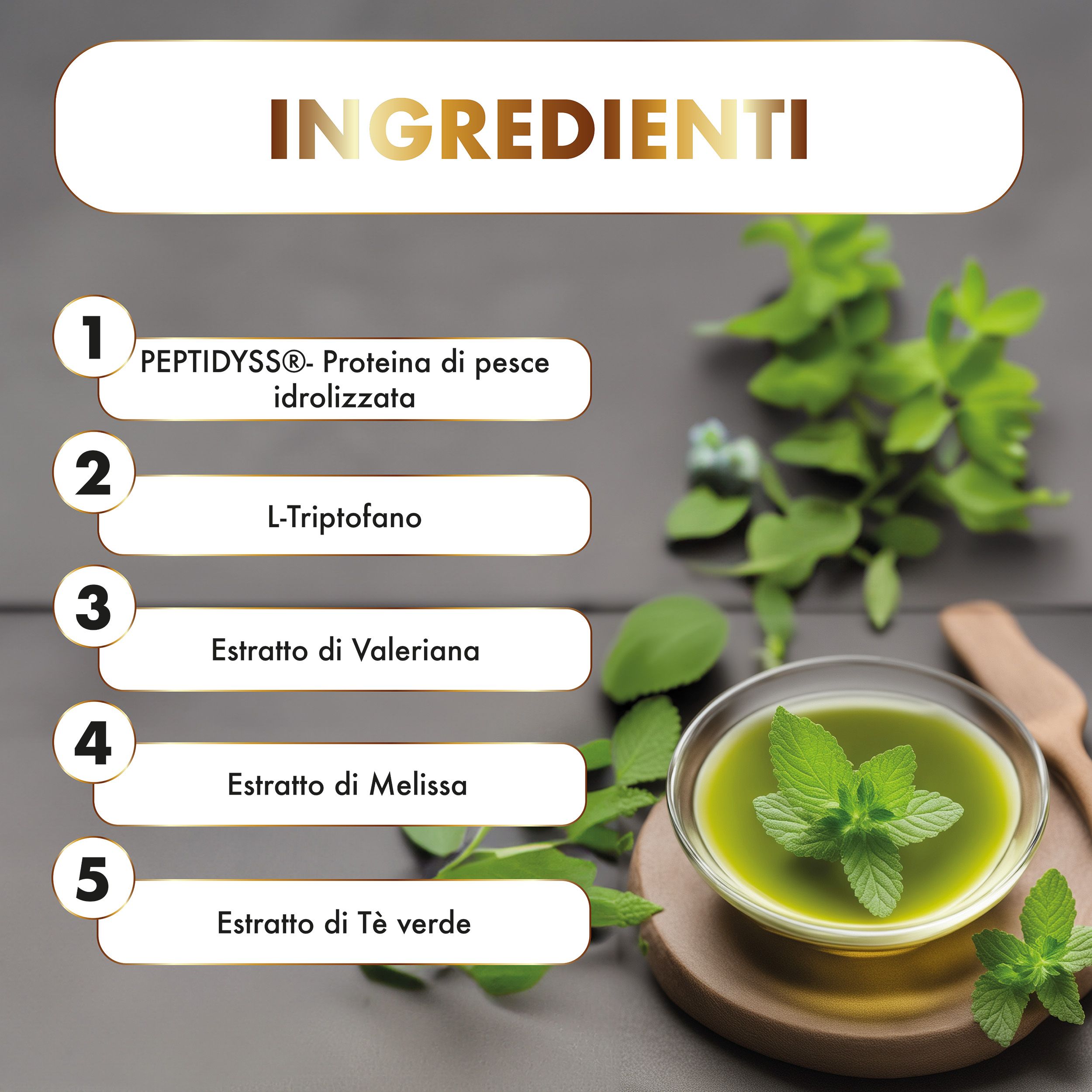 Ingredienti di SERENICALM. Testo: 'PEPTIDYSS®- Proteina di pesce idrolizzata', 'L-Triptofano'.