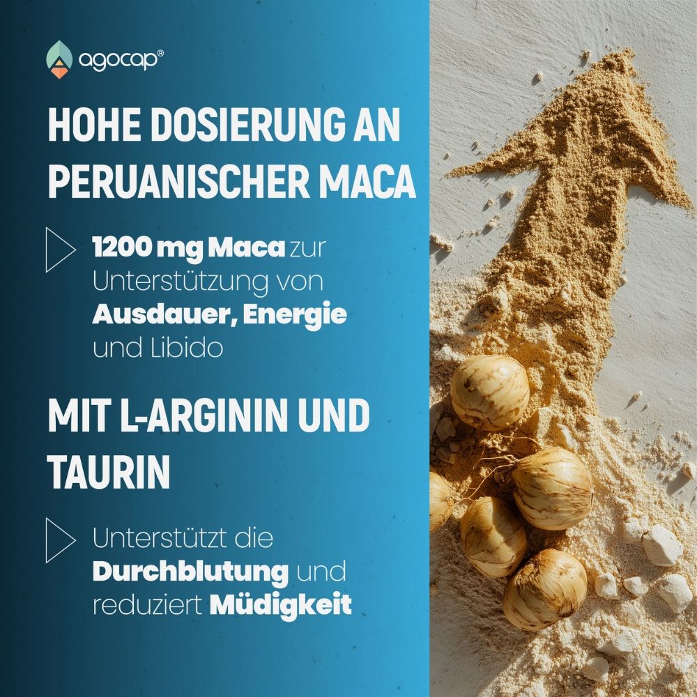 Grafica con freccia di polvere e tuberi di maca. Testo: Alto dosaggio di Maca Peruviana.
