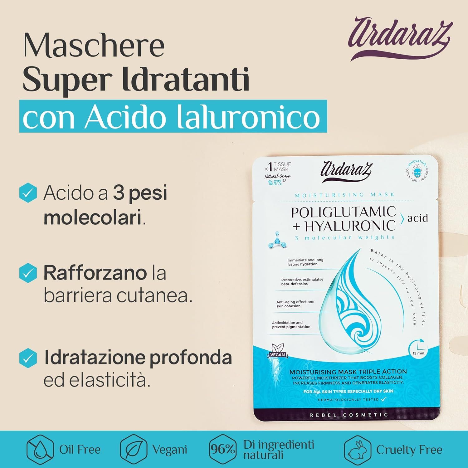 Immagine promozionale della maschera per il viso Ardaraz. Un pacchetto di maschera con testo: Acido ialuronico con 3 pesi molecolari. Vegano, 96% ingredienti naturali.