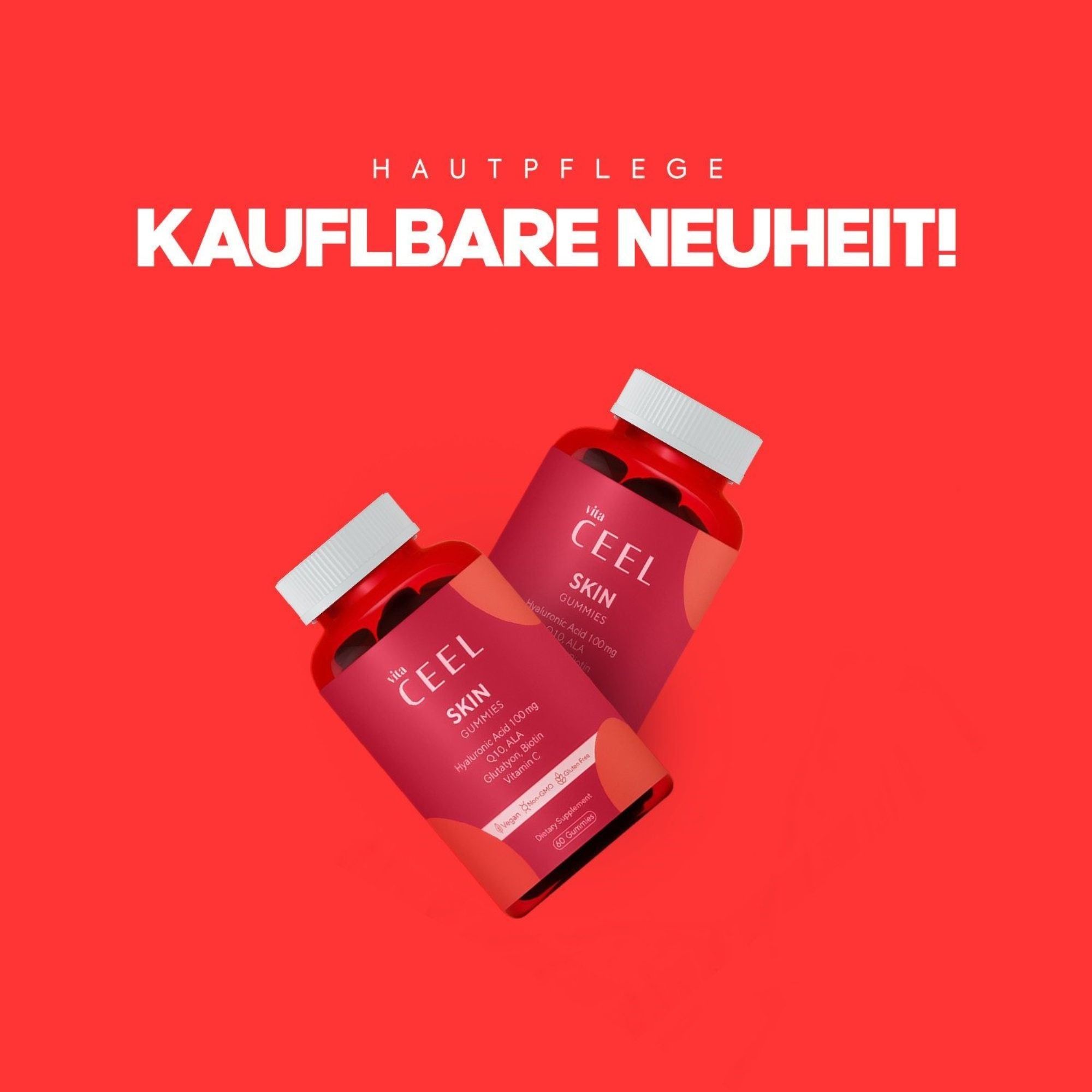 Due flaconi di caramelle gommose CEEL SKIN con tappo bianco su sfondo rosso.