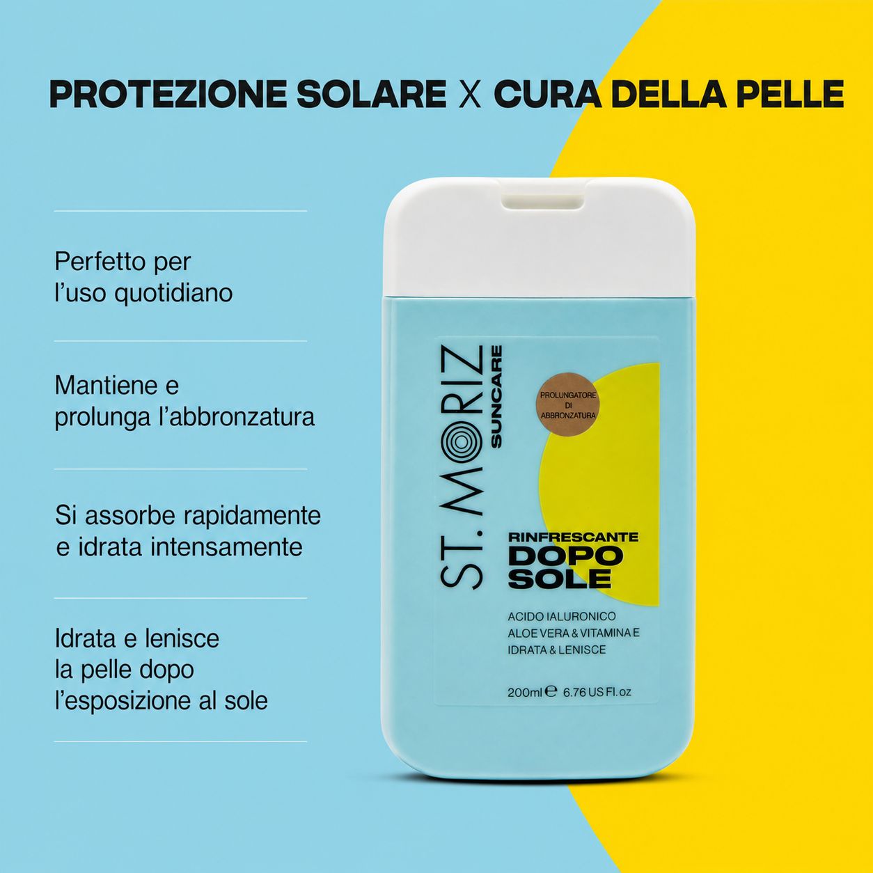 Donna con gel ST. MORIZ After Sun. Testo: Idratante, vitamina E, prolungatore abbronzatura, aloe vera.