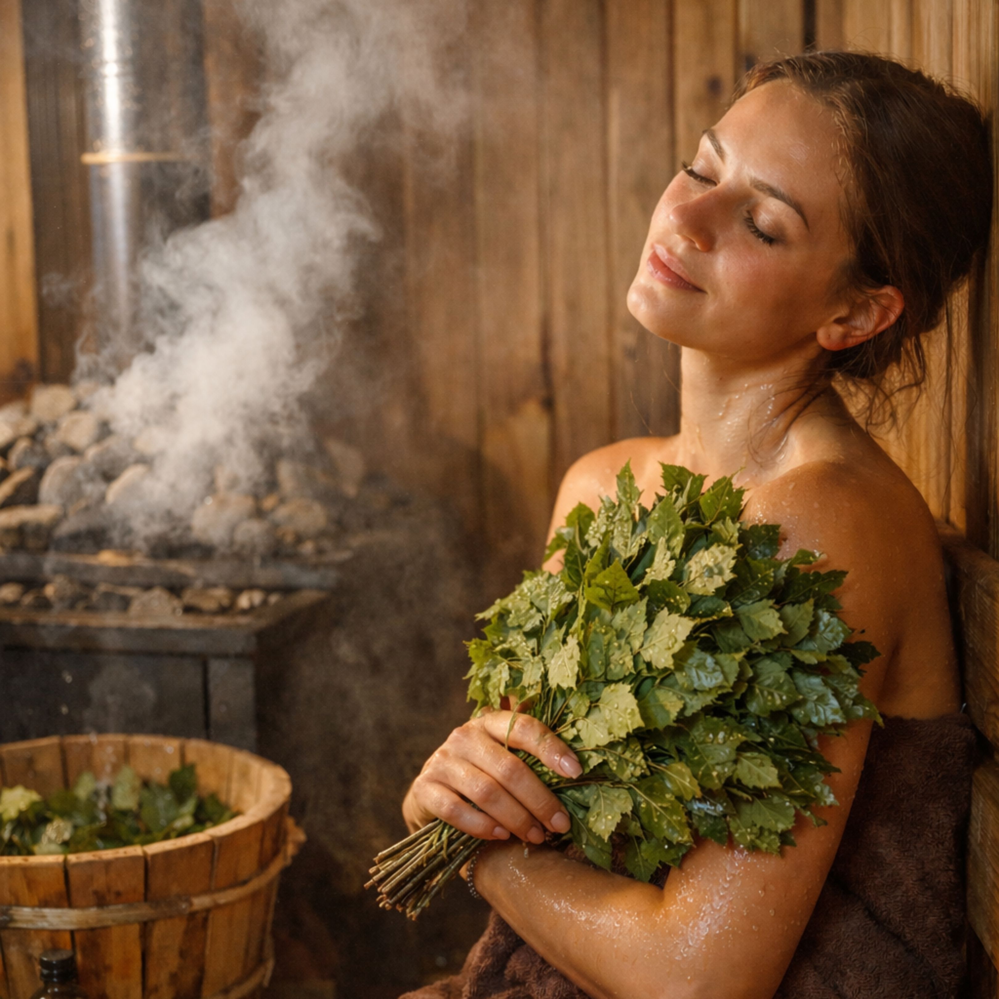 Donna in sauna con fronde di betulla. Rivestimento in legno, vapore. Posizione rilassata.