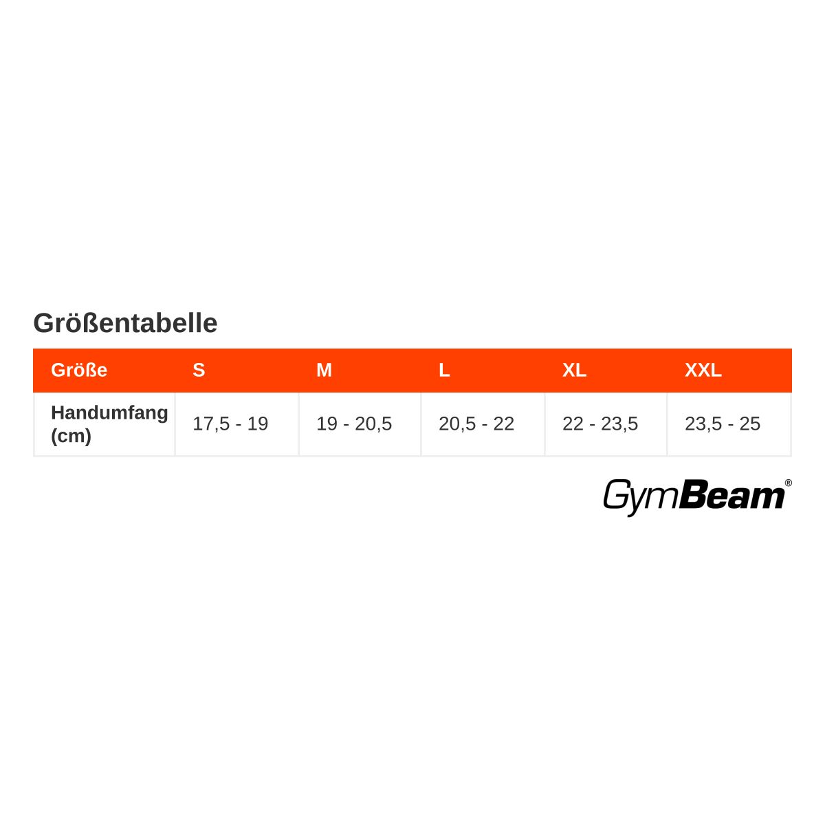 Tabella taglie per circonferenza mano (cm): S (17,5-19), M (19-20,5), L (20,5-22), XL (22-23,5), XXL (23,5-25). Marca: GymBeam.