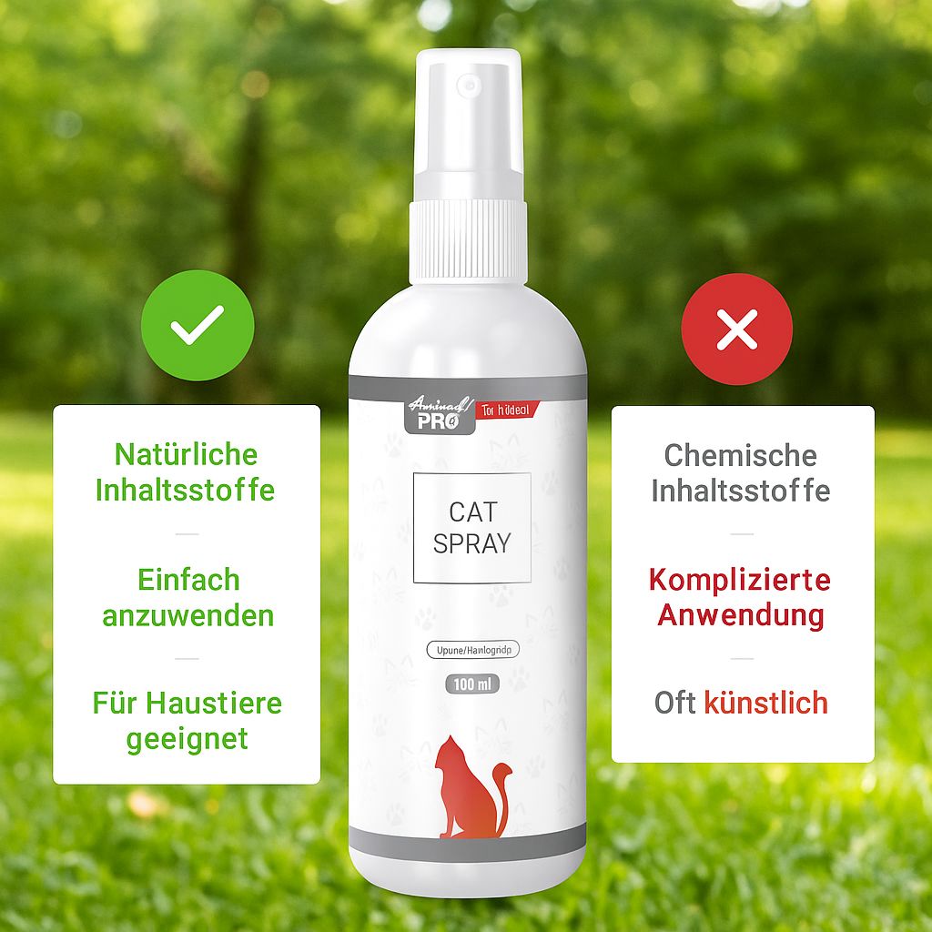 Flacone spray bianco con scritta "CAT SPRAY". Sagoma di gatto rosso. 100 ml. Logo "Animal Pro". Testo: Ingredienti naturali.