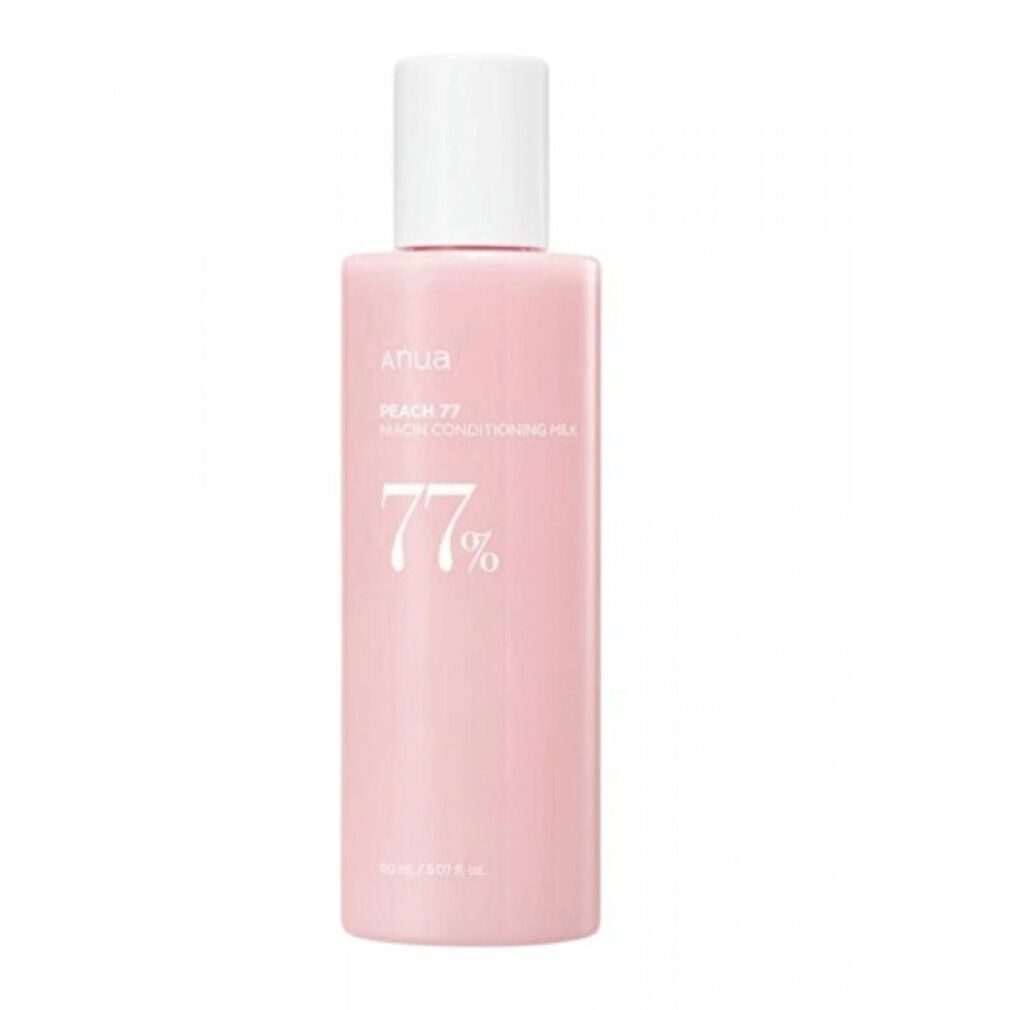 Flacone rosa con tappo bianco, scritta 'ANUA Peach 77 Niacin Conditioning Milk'.
