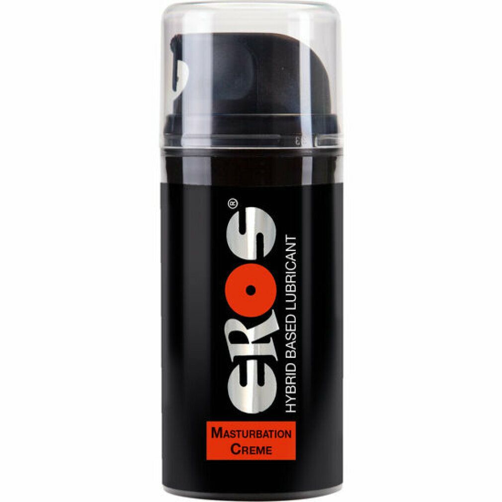 Flacone nero con dosatore a pompa. Scritta: EROS, Hybrid Based Lubricant, Masturbation Creme.