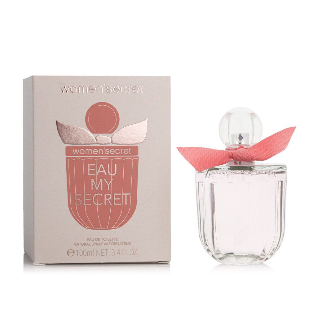 Flacone e confezione. Il flacone ha un fiocco rosa. La confezione è rosa e riporta la scritta "women secret Eau My Secret".