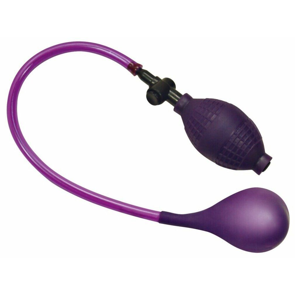 Palloncino anale viola con pompa e tubo. Realizzato in materiale morbido. La pompa è scanalata.