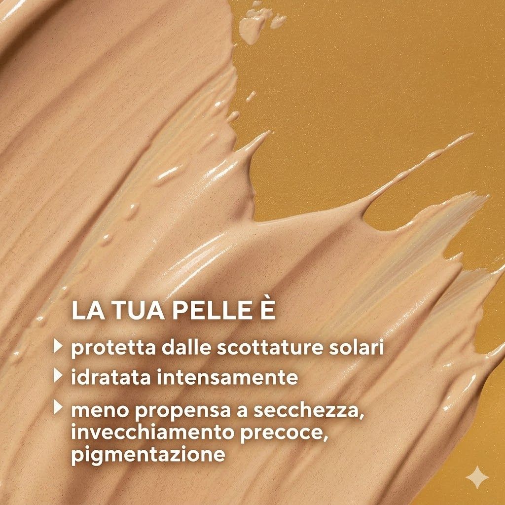 Crema colorata. Testo: La tua pelle è protetta dalle scottature solari, intensamente idratata, meno soggetta a secchezza.