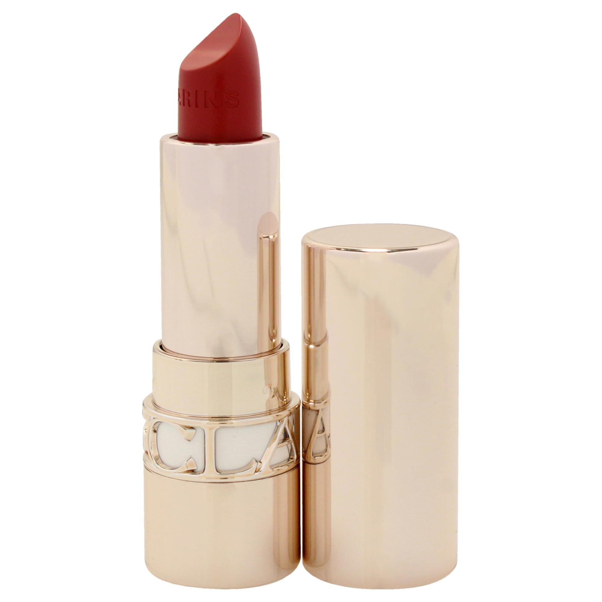Rossetto Clarins Joli Rouge 737. Rossetto rosso, astuccio dorato, cappuccio aperto.