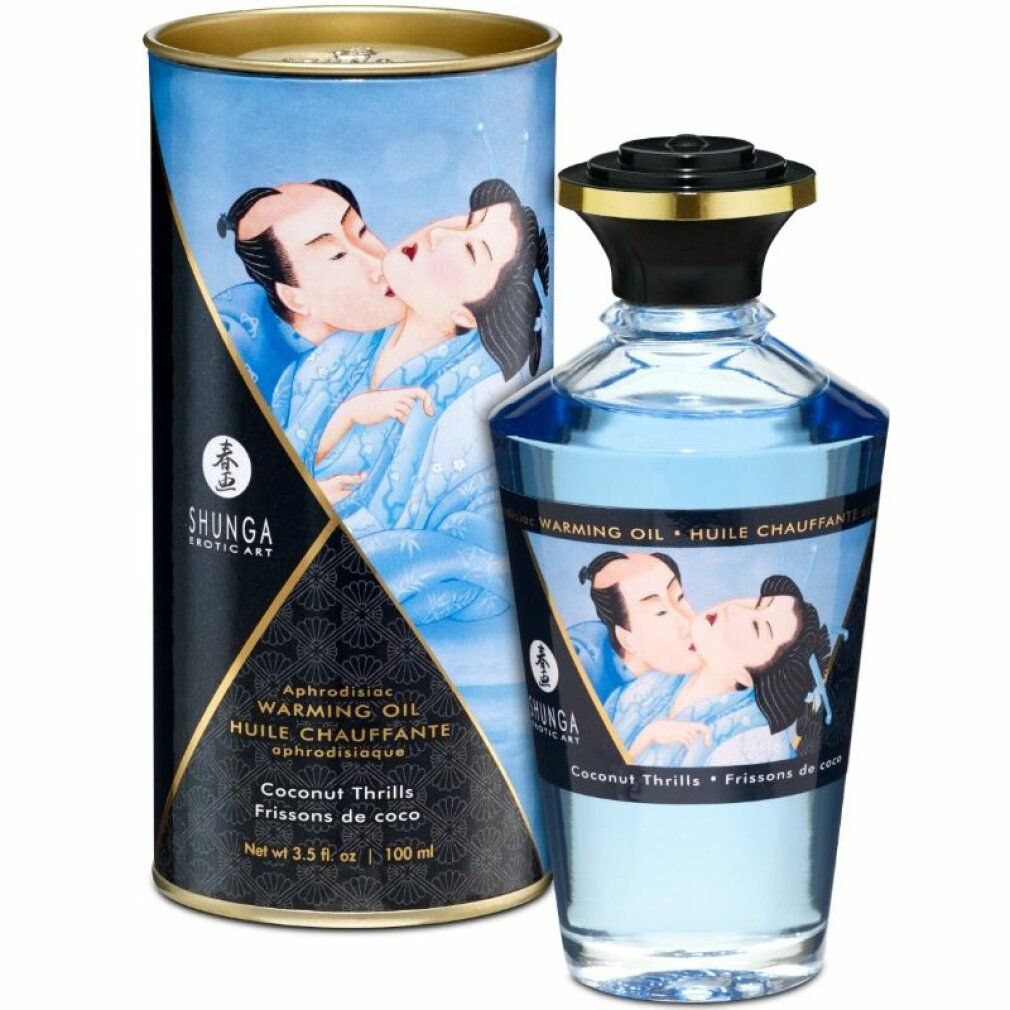 Flacone e scatola cilindrica blu. Scritta: Shunga, Warming Oil, Coconut Thrills.