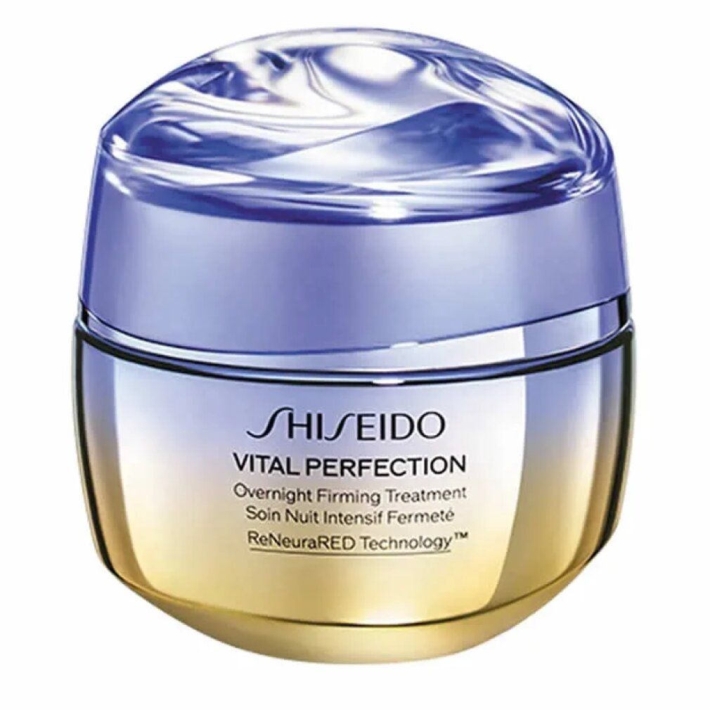 Vaso di crema sfumato blu-oro. Scritta: Shiseido Vital Perfection Overnight Firming Treatment. ReNeuraRED Technology.