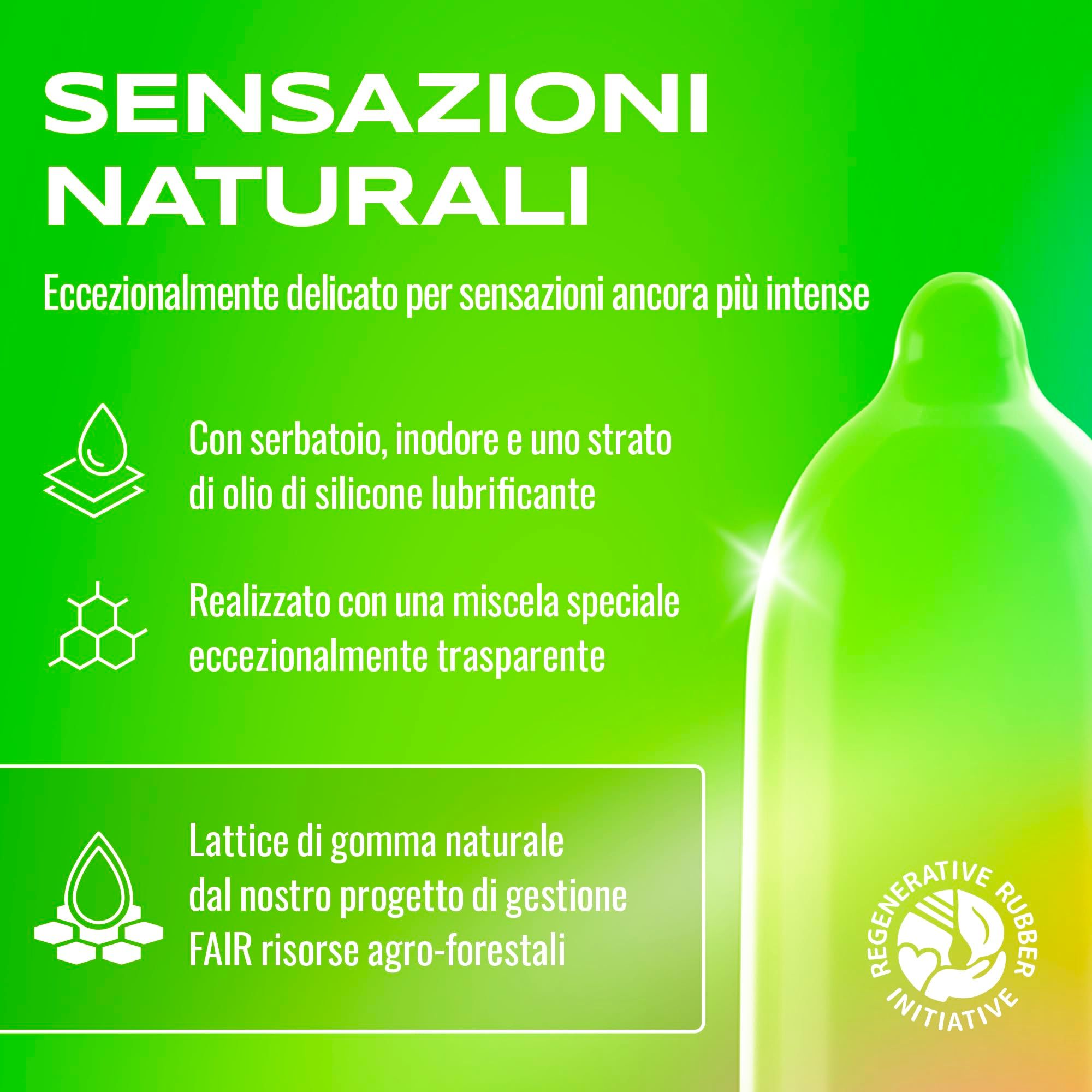 Preservativo verde con olio siliconico, trasparente, lattice naturale.