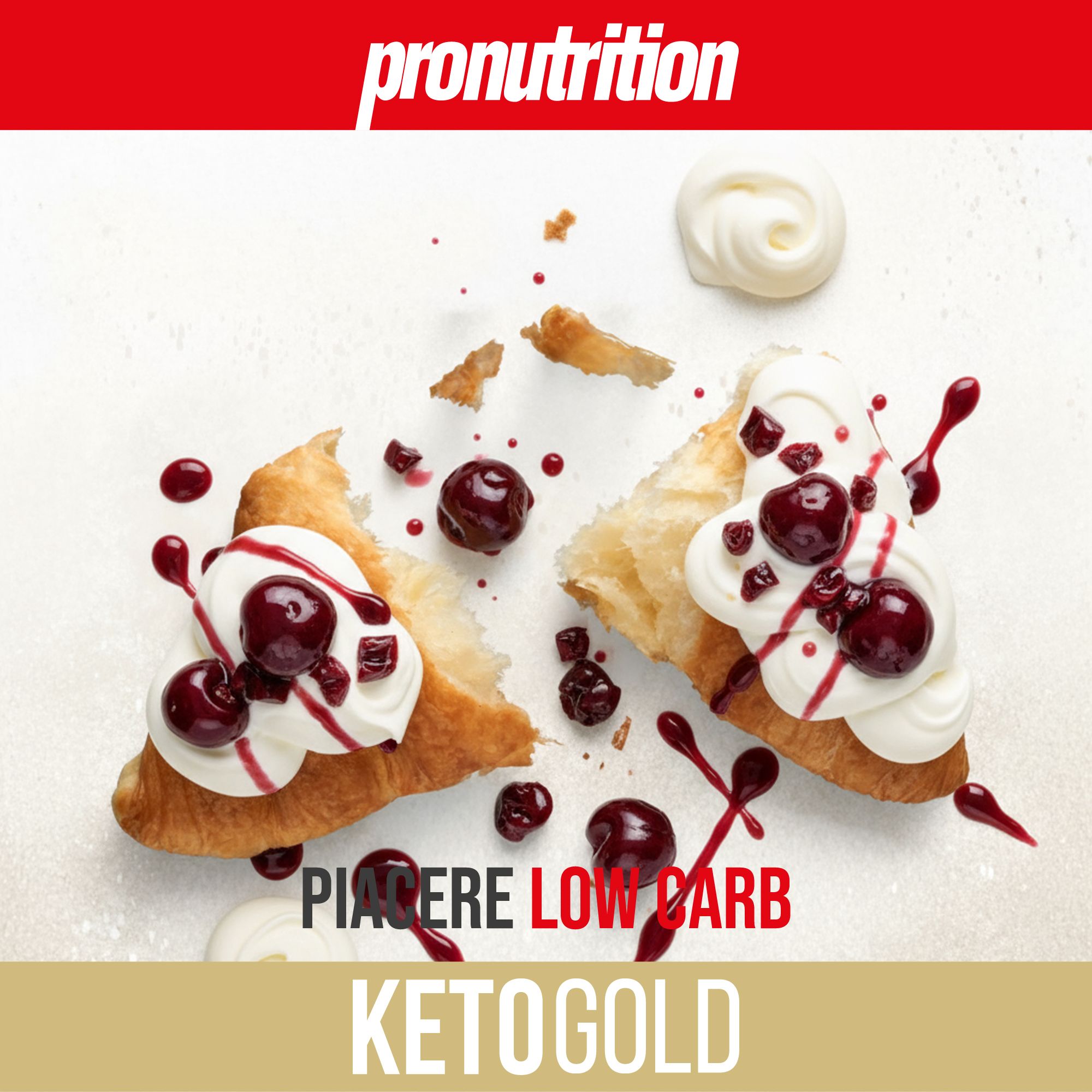 Due Cornetto Keto spezzati con ciliegie e panna. Testo: Piacere Low Carb, Keto Gold.