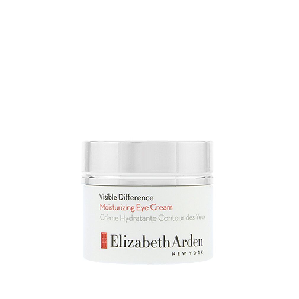 Vaso di crema con coperchio argentato. Scritta: Visible Difference Moisturizing Eye Cream. Marchio: Elizabeth Arden.
