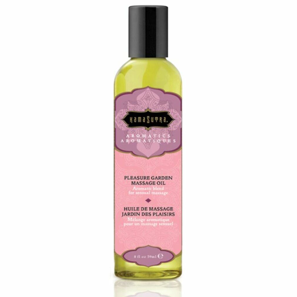 Flacone di olio per massaggio Aromatisches Massageöl. Etichetta rosa con testo: Pleasure Garden Massage Oil. Tappo nero. Liquido giallo.