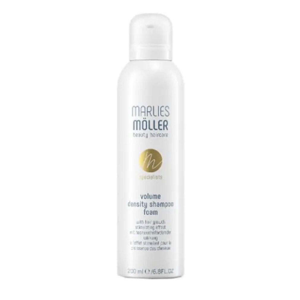 Flacone bianco Marlies Möller Volume Density Shampoo Foam. Testo in tedesco, inglese e francese. Con erogatore.