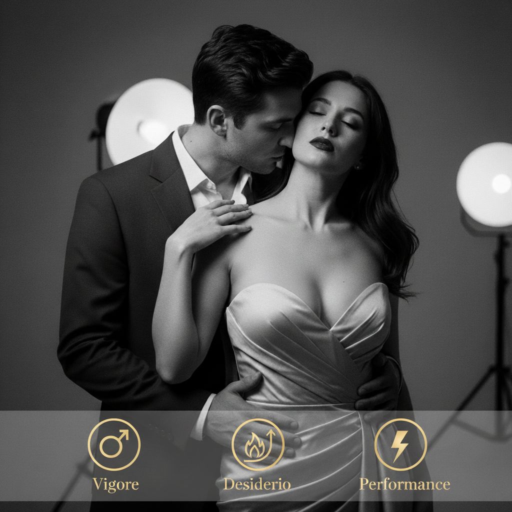 Foto in bianco e nero di una coppia. Simboli per Vigore, Desiderio e Performance.