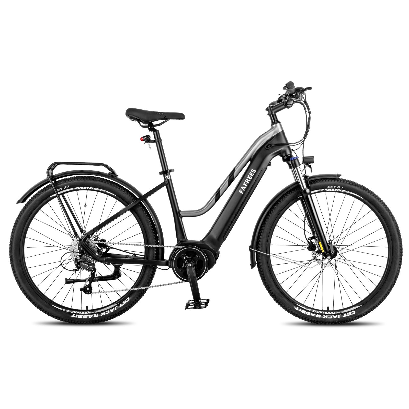 E-bike nera con motore centrale. Logo FAFREES sul telaio. Portapacchi, parafanghi e pneumatici neri.