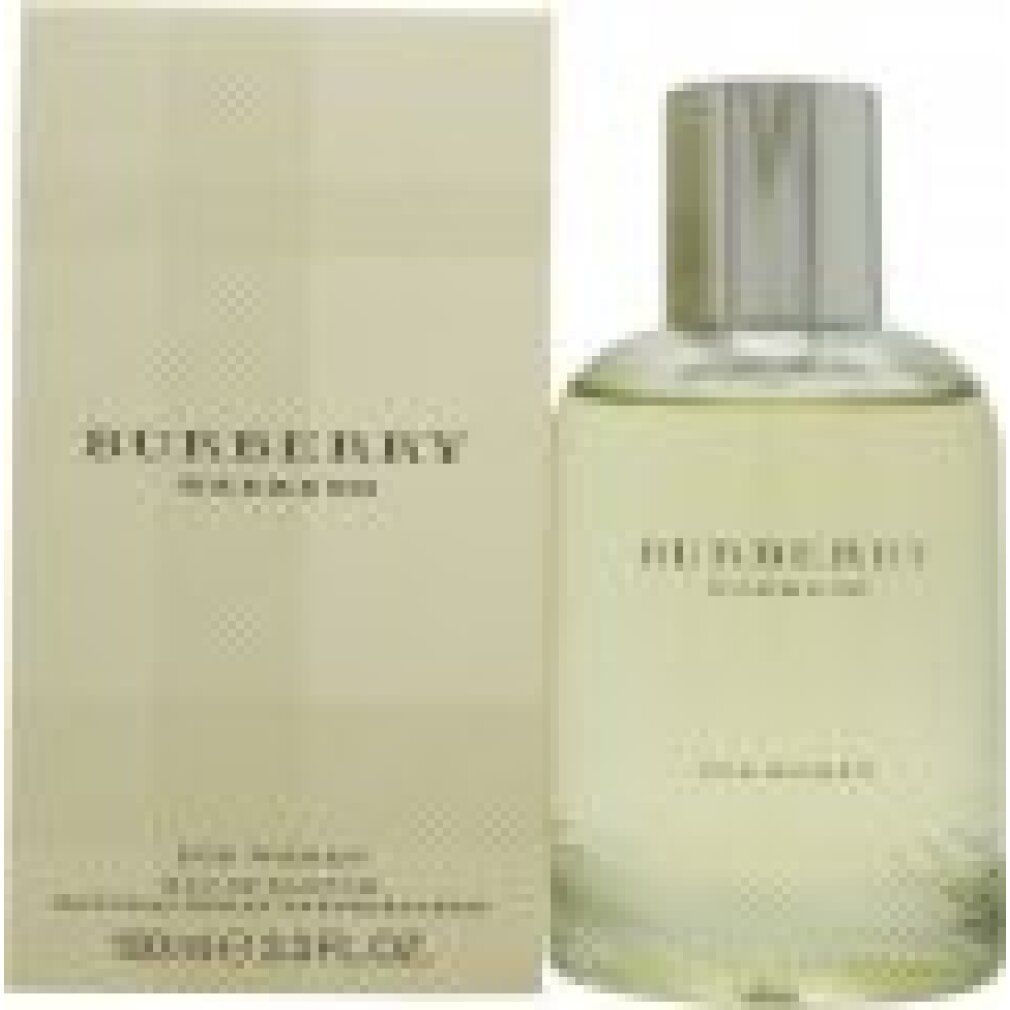 Flacone di profumo e scatola. Flacone con tappo argentato, scritta Burberry Weekend. Scatola con motivo Burberry e scritta.