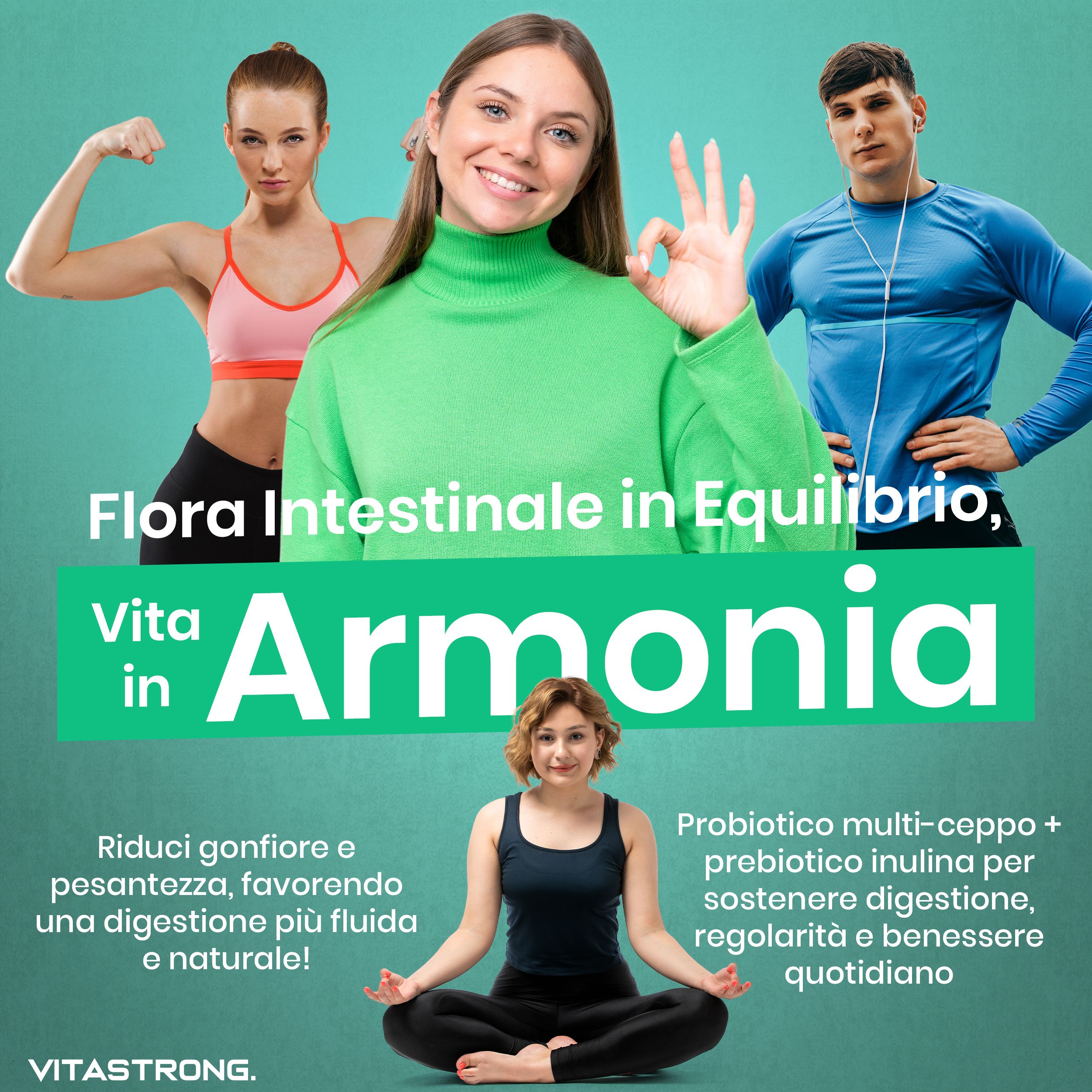 Tre persone. Testo: Flora intestinale in equilibrio, vita in armonia. Vitastrong.
