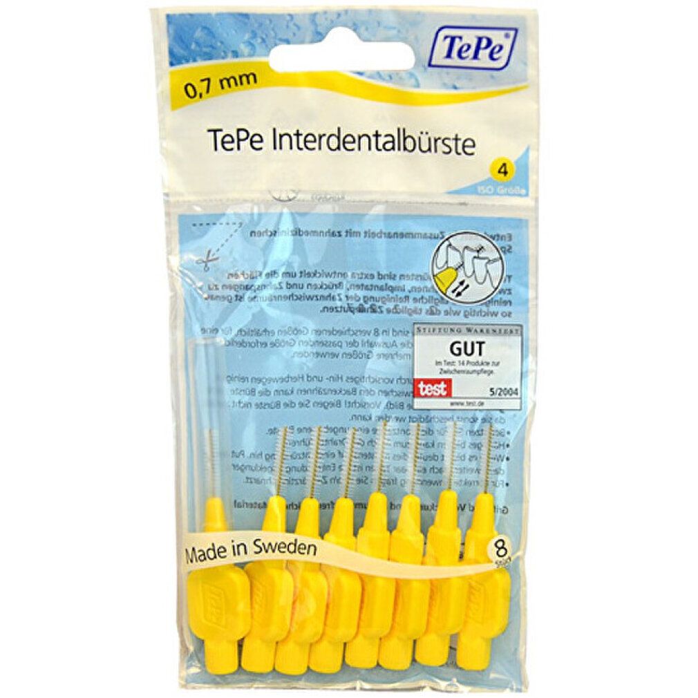 Confezione di scovolini TePe gialli 0,7 mm. 8 pezzi. Manico in plastica, setole. Confezione con informazioni ed etichetta.