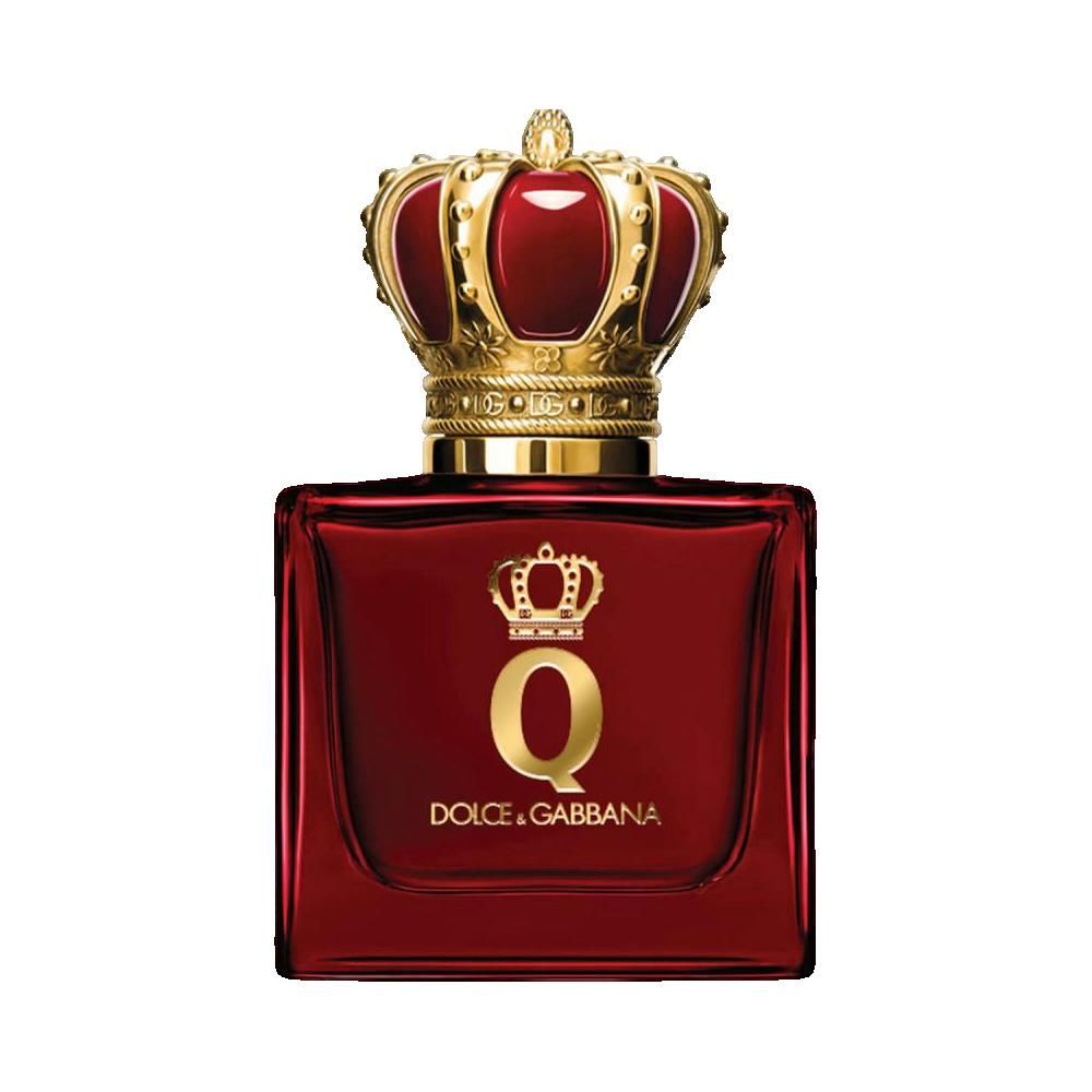 Flacone di vetro rosso con tappo a corona dorata. Scritta dorata "Q" e "DOLCE&GABBANA".