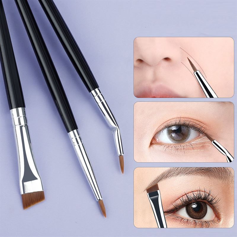 Tre pennelli per il trucco degli occhi, primo piano su setole e manici, con primi piani sull'applicazione.
