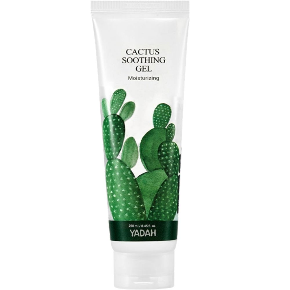 Tubo morbido con prodotto. Scritta: "CACTUS SOOTHING GEL". Illustrazione di cactus. Marchio: YADAH. Striscia nera con testo.