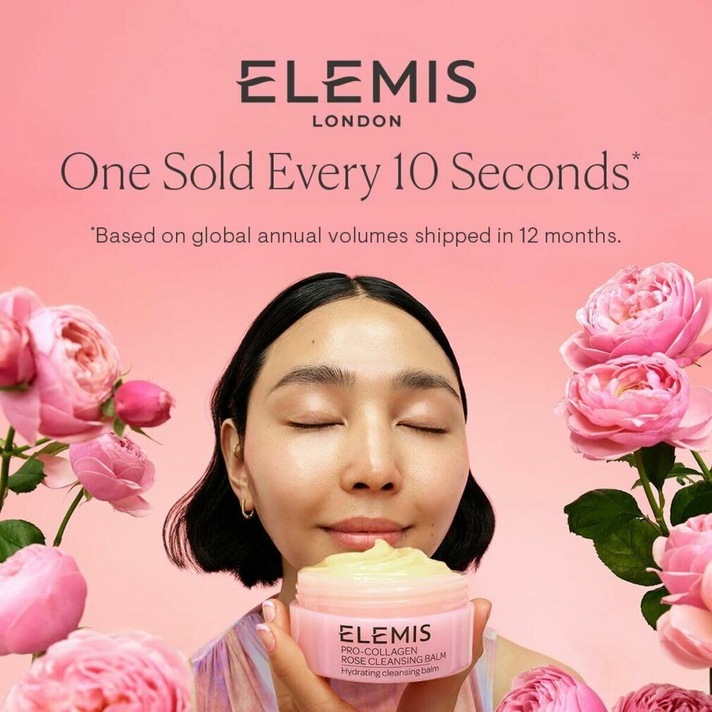Donna che tiene un vasetto di balsamo. Scritta: Elemis Pro-Collagen Rose Cleansing Balm. Testo: One Sold Every 10 Seconds.