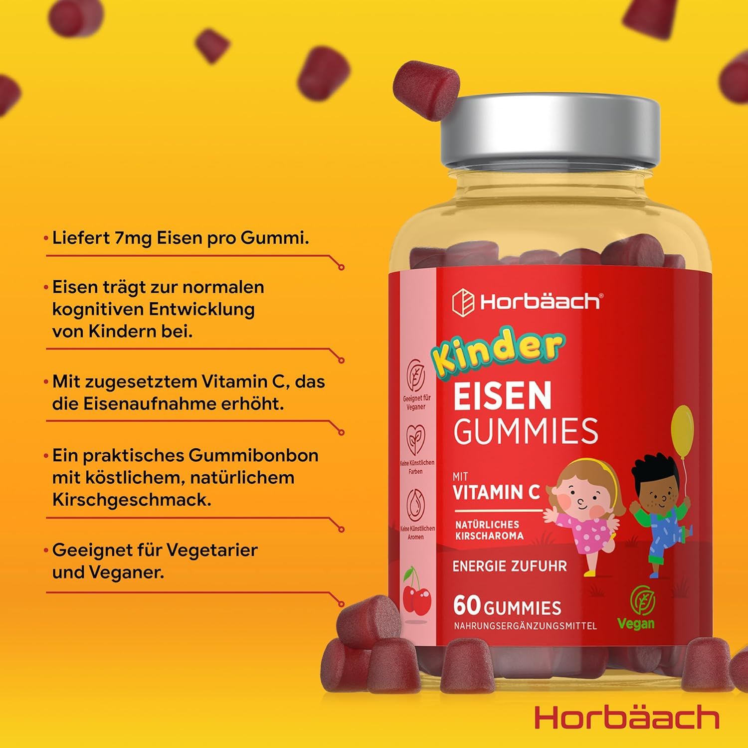 Barattolo di caramelle gommose "Kinder Eisen Gummies". Contiene 60 caramelle. Testo "Vitamin C".