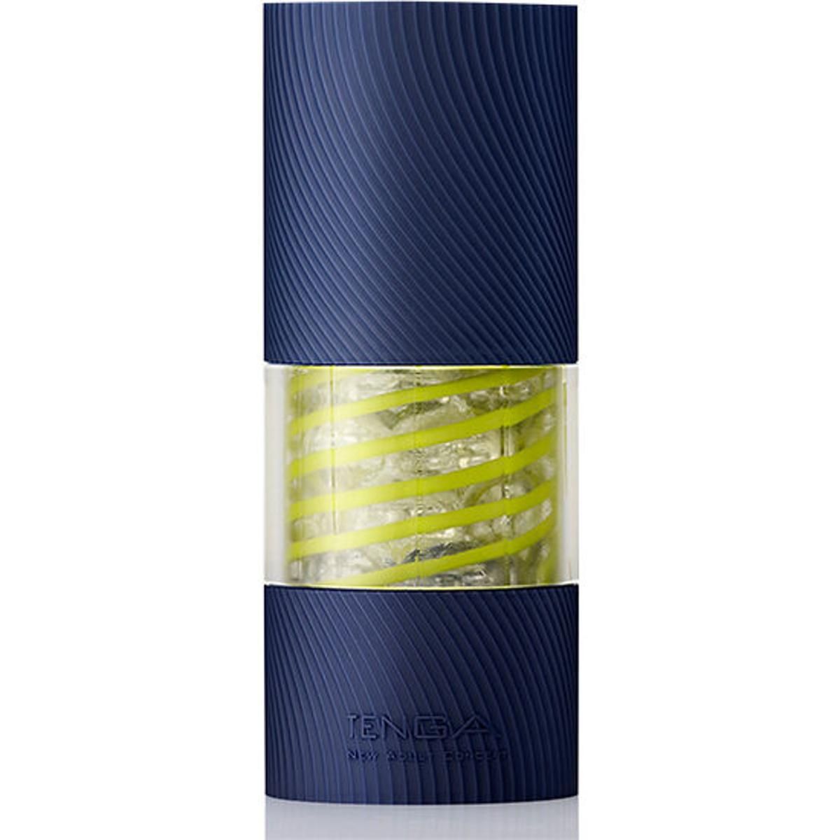 Confezione cilindrica blu scuro con superficie scanalata. Contiene un prodotto con spirale gialla. Scritta: TENGA.