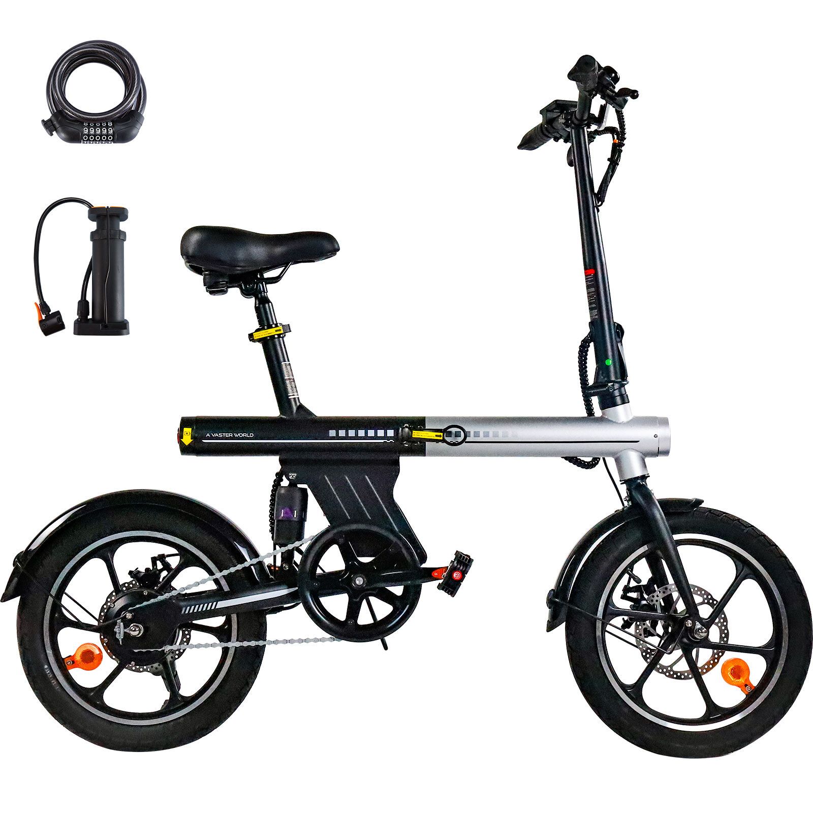 E-bike pieghevole, nero-argento, con accessori: lucchetto e pompa. Freni a disco, ruote da 16 pollici.