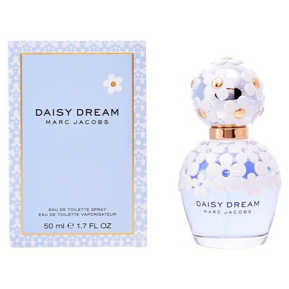 Flacone e scatola. Flacone rotondo, tappo argentato, fiori bianchi. Scatola azzurra, scritta: DAISY DREAM MARC JACOBS.