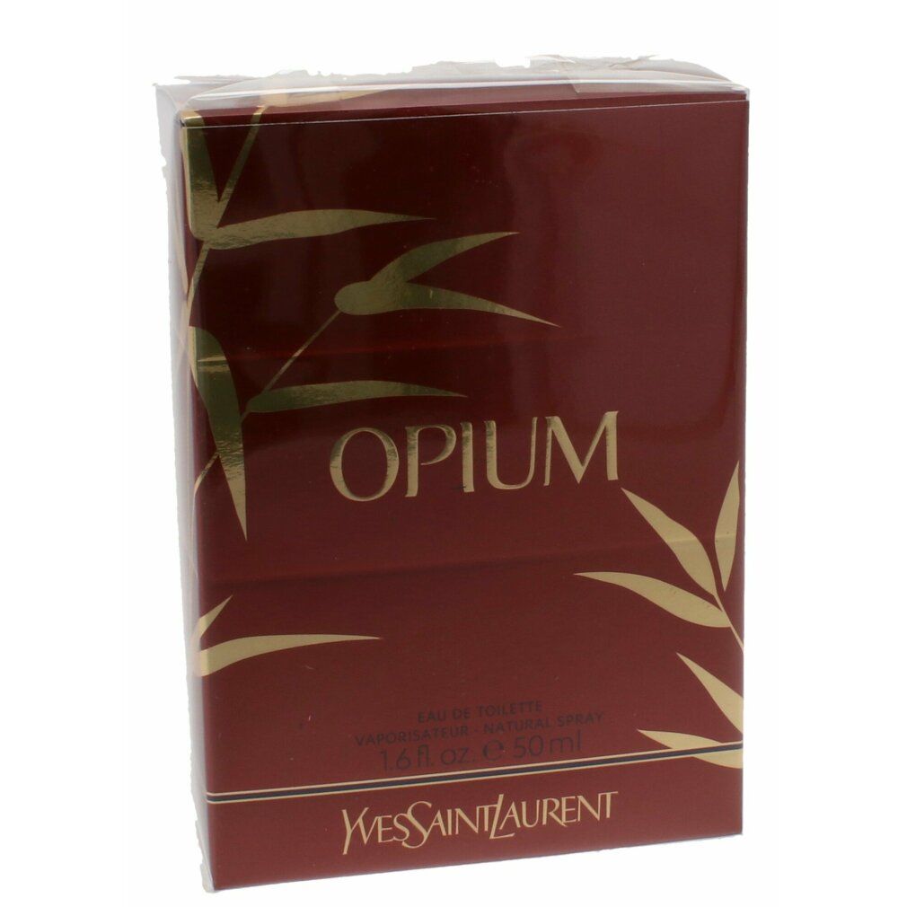 Confezione rossa con motivi di bambù dorati. Sulla confezione sono presenti le scritte "OPIUM" e "Yves Saint Laurent".