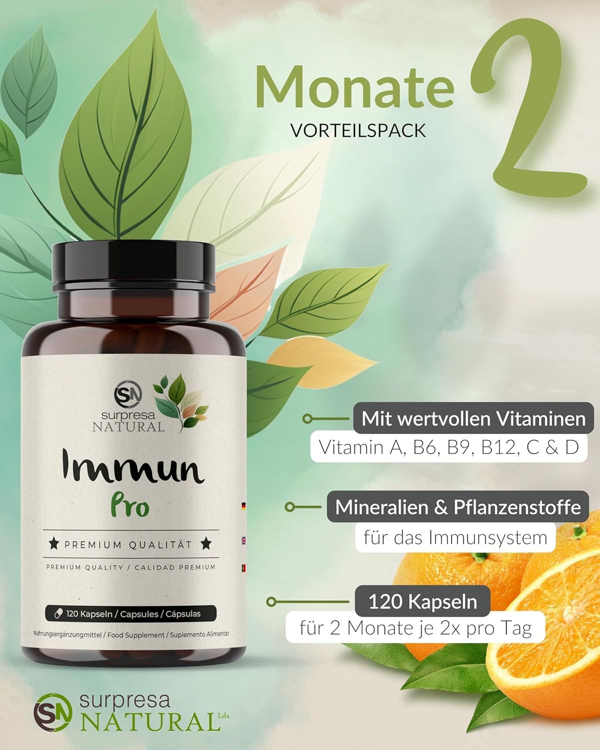Flacone Surpresa Natural Immun Pro con vitamine e arance. Testo: Confezione convenienza 2 mesi, 120 capsule.