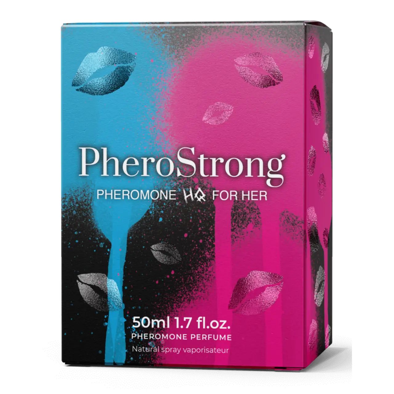 Confezione del prodotto con design labbra e nome del prodotto. Sfondo blu-rosa con motivi labbra. Testo: PheroStrong Pheromone HQ for Her, 50ml, Parfum.