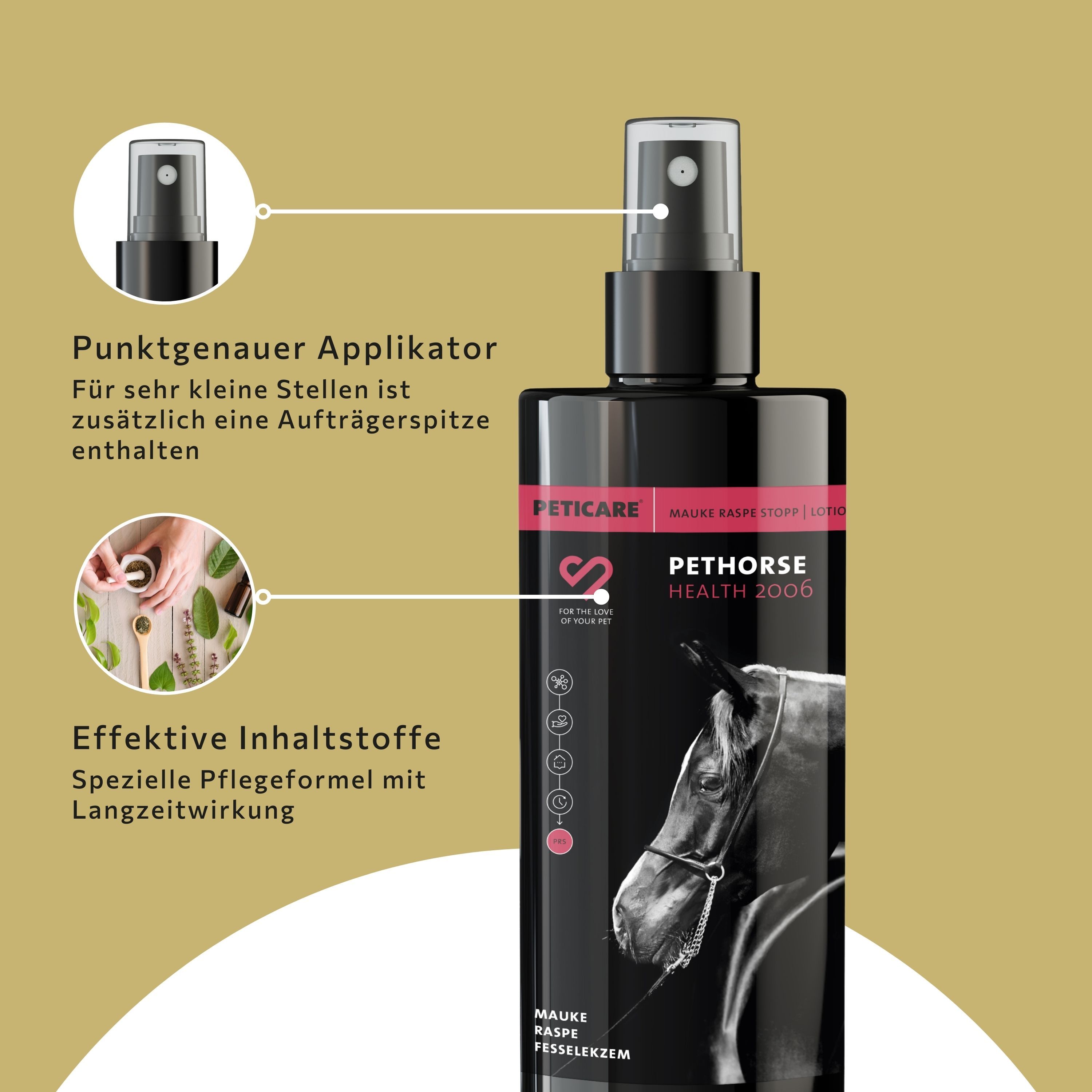 Flacone Peticare con spruzzatore. Primo piano dello spruzzatore. Testo: Applicatore preciso. Ingredienti efficaci.