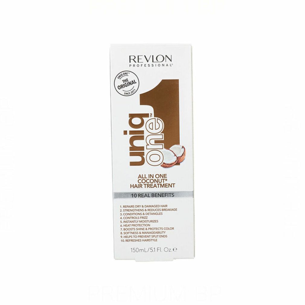 Confezione bianca con informazioni sul prodotto. Scritta: Revlon Professional Uniq One All in One Coconut Hair Treatment.