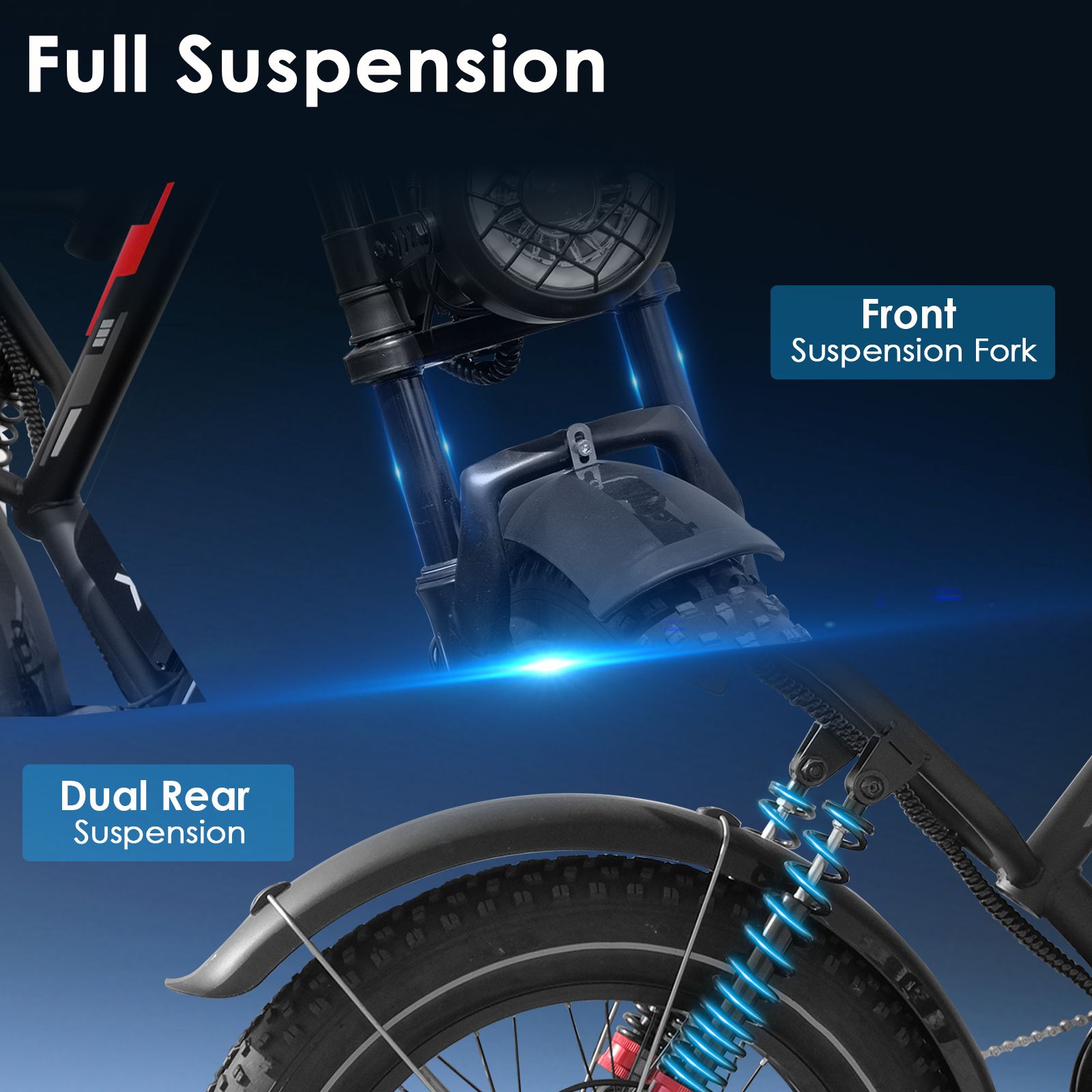 Primo piano delle sospensioni di una bici elettrica. Diciture: Front Suspension Fork, Dual Rear Suspension.