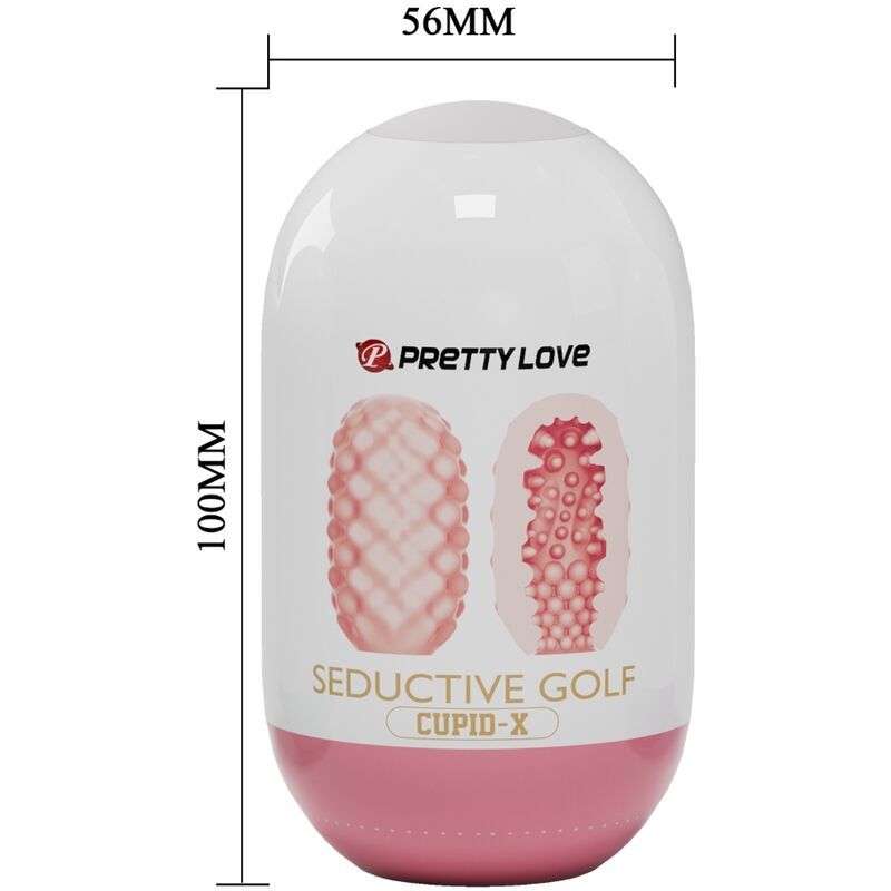 Masturbatore bianco e rosa con dimensioni. Scritta: Pretty Love, Seductive Golf, Cupid-X. Dimensioni: 100mm x 56mm.